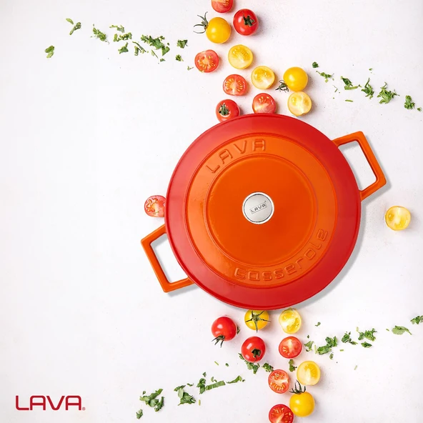 Lava Döküm Çok Amaçlı Yayvan Tencere. Folk Serisi Çap(Ø)24cm.  Turuncu - Resim 7