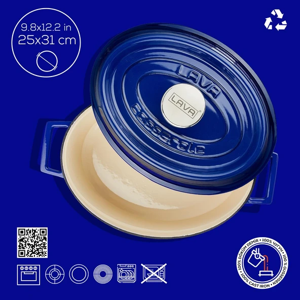 Lava Döküm Oval Tencere. Edition Serisi Ölçü 25x31cm.  Mavi - Resim 4