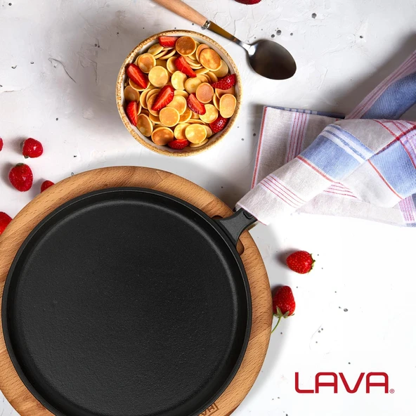 Lava Döküm Yuvarlak Pizza Krep Pankek Tavası Döküm Demir Yekpare Saplı Kayın Servis Ahşabı Çap(Ø)20cm. - Resim 7