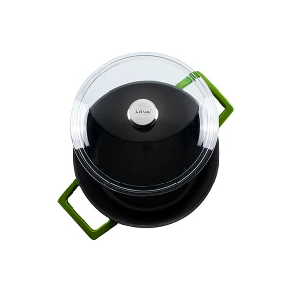 Lava Döküm Yuvarlak Tencere Cam kapaklı. Glaze Çap(Ø)24cm.  Yeşil - Resim 3