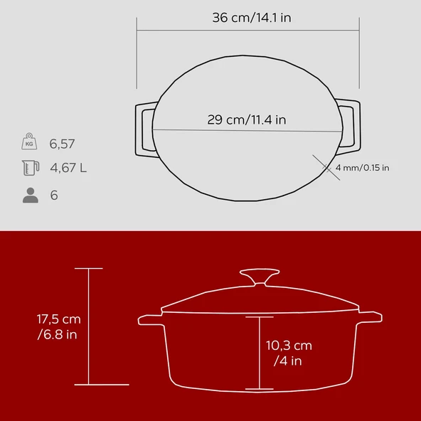 Lava Döküm Oval Tencere. Folk Serisi Ölçü 23x29cm.  Kırmızı - Resim 5