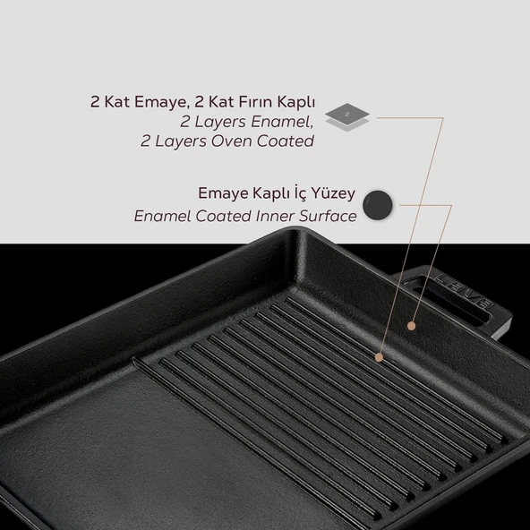 Lava Döküm Dikdörtgen Hibrit Izgara Tavası Döküm Demir Yekpare Çift Kulplu Ölçü 26x32cm. - Resim 6