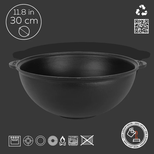 Lava Döküm Yuvarlak Kazan / Tencere. Döküm Demir Yekpare Kulplu Çap(Ø)30cm. - Resim 2