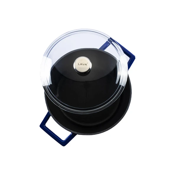 Lava Döküm Yuvarlak Tencere Cam kapaklı. Glaze Çap(Ø)24cm.  Mavi - Resim 3