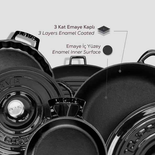 Lava Döküm 5X New Heritage Serisi Döküm Demir Tencere & Tava Seti  Siyah - Resim 5