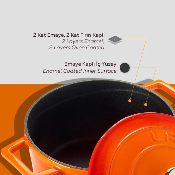 Lava Döküm Yuvarlak Tencere. Folk Çap(Ø)20cm.  Turuncu - Resim 6