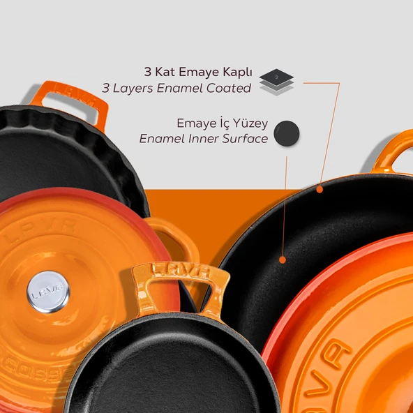 Lava Döküm 4X New Heritage Serisi Döküm Demir Tencere Tava Seti  Turuncu - Resim 5