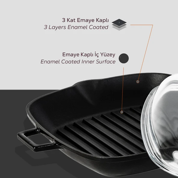 Lava Döküm Kare Izgara Tava Cam Kapaklı Döküm Demir Yekpare Saplı Ölçü 26x26cm.  Siyah - Resim 6