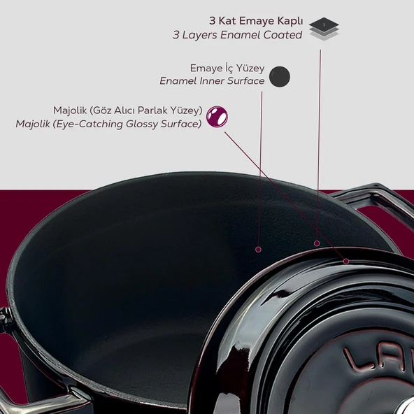 Lava Döküm Yuvarlak Tencere Döküm Demir Yekpare Kulplu Premium Serisi Çap(Ø)20cm.  Mor - Resim 6