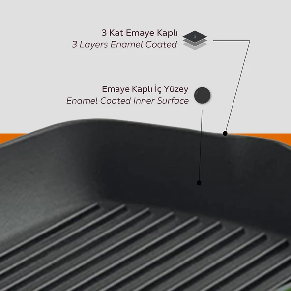 Lava Döküm Kare Izgara Tava Döküm Demir Yekpare Saplı Ölçü 26x26cm.  Turuncu - Resim 6