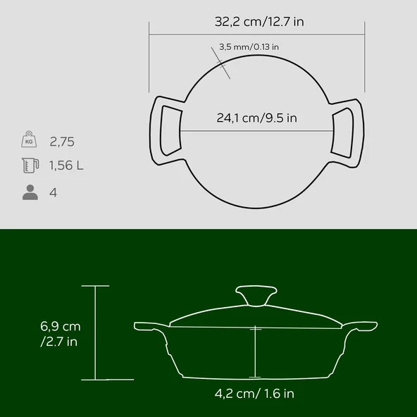 Lava Döküm Yuvarlak Sahan Cam Kapaklı Döküm Demir Yekpare Çift Kulplu Çap(Ø)24cm.  Yeşil - Resim 4