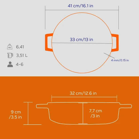 Lava Döküm Çok Amaçlı Yayvan Tencere Döküm Demir Yekpare Kulplu Edition Serisi Çap(Ø)32cm. Turuncu - 5