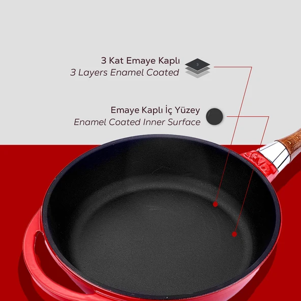 Lava Döküm Yuvarlak Kızartma Tavası Döküm Demir Sök - Tak Ahşap Sap Çap(Ø)24cm  Kırmızı - 6