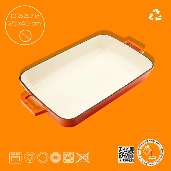 Lava Döküm Dikdörtgen Rosto ve Fırın Tepsisi Döküm Demir Yekpare Çift Kulplu Edition Serisi Ölçü 26x40cm. Turuncu - 4