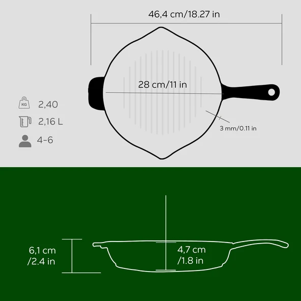 Lava Döküm Yuvarlak Izgara Tava Döküm Demir Yekpare Saplı Çap(Ø)28cm.  Yeşil - Resim 5