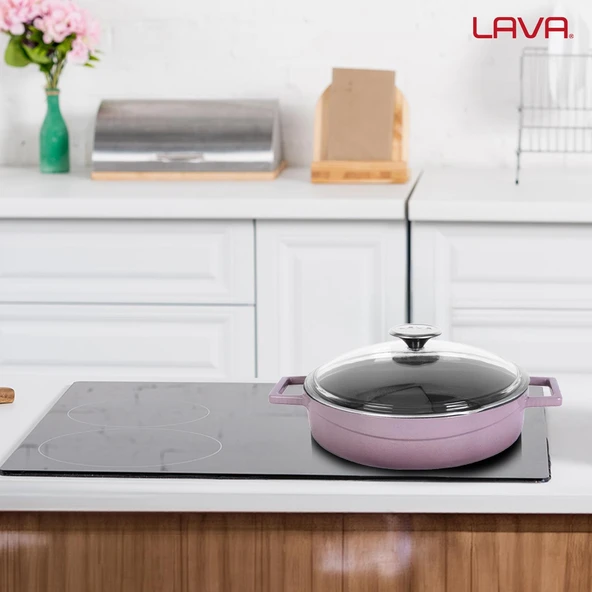 Lava Döküm Çok Amaçlı Yayvan Tencere. Glaze Serisi Çap(Ø)24cm. - Kırmızı  Mor - Resim 7