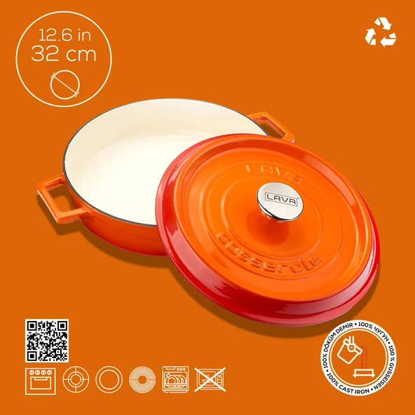 Lava Döküm Çok Amaçlı Yayvan Tencere Döküm Demir Yekpare Kulplu Edition Serisi Çap(Ø)32cm. Turuncu - 4