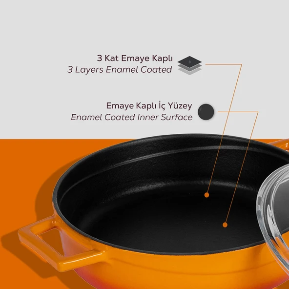 Lava Döküm Çok Amaçlı Yayvan Tencere. Glaze Serisi Çap(Ø)24cm. - Kırmızı  Turuncu - 6