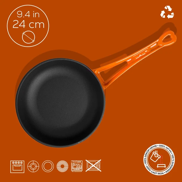 Lava Döküm Yuvarlak Kızartma Tavası Döküm Demir Yekpare Saplı Çap(Ø)24cm.  Turuncu - Resim 4