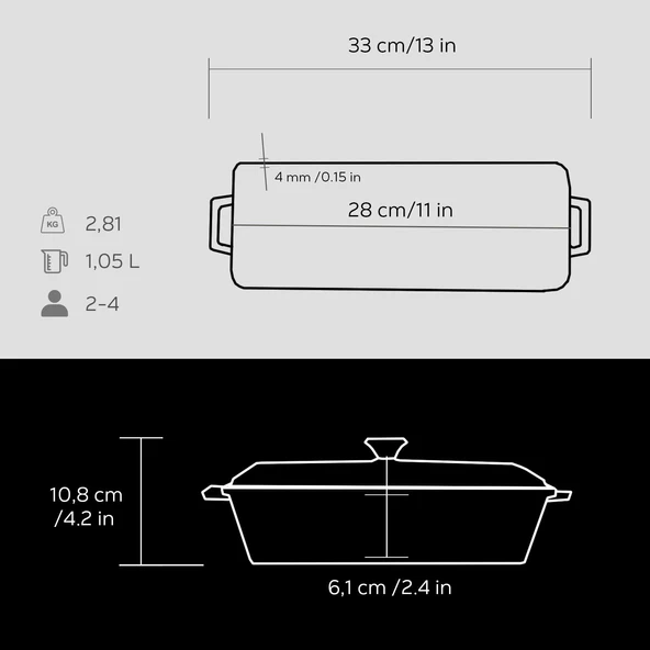 Lava Döküm Ekmek Tenceresi / Terrine Serisi. Ölçü 11x29cm.  Siyah - Resim 5