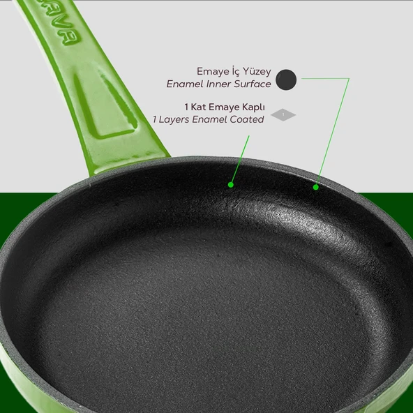Lava Döküm Yuvarlak Kızartma Tavası Döküm Demir Yekpare Saplı Çap(Ø)16cm.  Yeşil - Resim 6