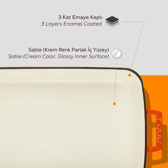 Lava Döküm Dikdörtgen Rosto ve Fırın Tepsisi Döküm Demir Yekpare Çift Kulplu Edition Serisi Ölçü 26x40cm. Turuncu - 6