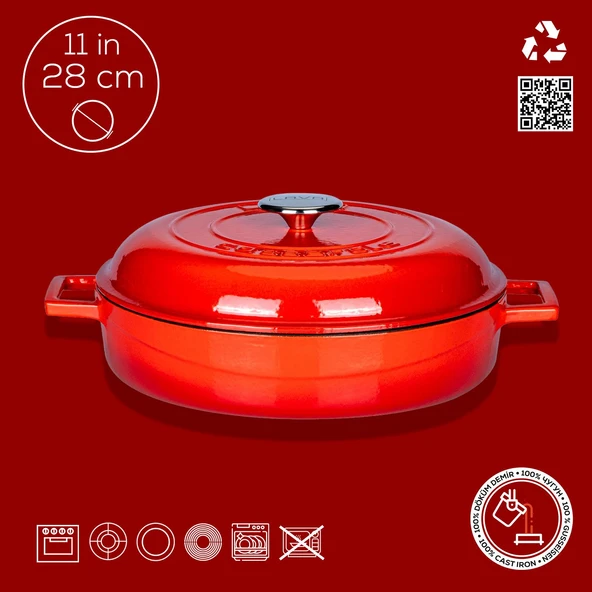 Lava Döküm Çok Amaçlı Yayvan Tencere. Kubbe Form Kapaklı Folk Serisi Çap(Ø)28cm.  Kırmızı - Resim 4