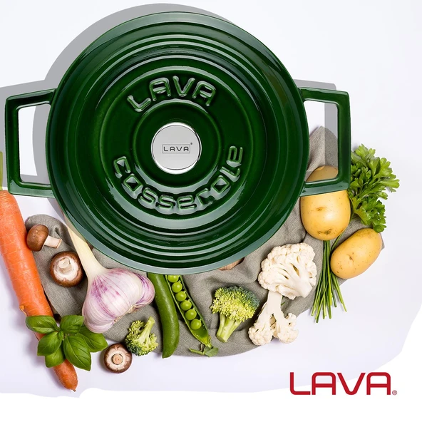 Lava Döküm Yuvarlak Tencere Döküm Demir Yekpare Kulplu Premium Serisi Çap(Ø)20cm.  Yeşil - Resim 7