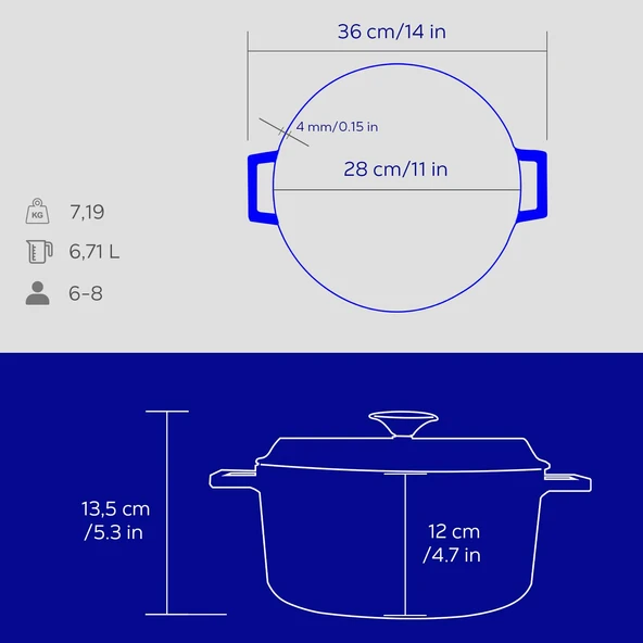 Lava Döküm Yuvarlak Tencere Döküm Demir Yekpare Kulplu Premium Serisi Çap(Ø)28cm.  Mavi - Resim 6