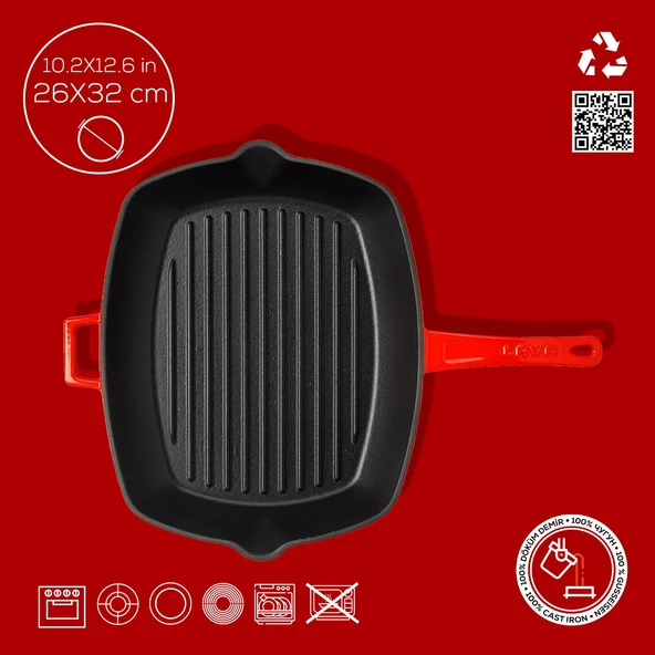 Lava Döküm Dikdörtgen Izgara Tava Döküm Demir Yekpare Saplı Ölçü 26x32cm.  Kırmızı - 5