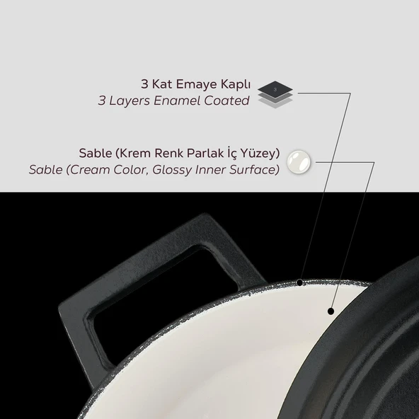 Lava Döküm Yuvarlak Tencere Döküm Demir Yekpare Kulplu Edition Serisi Çap(Ø)24cm.  Siyah - Resim 6