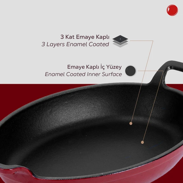 Lava Döküm Oval Sahan Döküm Demir Yekpare Çift Kulplu Ölçü 27x20cm.  Kırmızı - 6