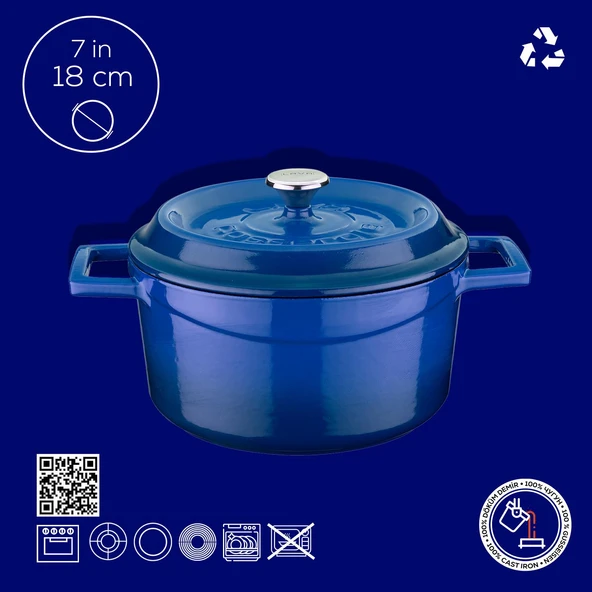 Lava Döküm Yuvarlak Tencere. Trendy Çap(Ø) 18cm.  Mavi - Resim 3