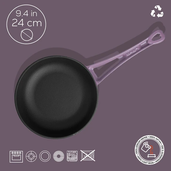 Lava Döküm Yuvarlak Kızartma Tavası Döküm Demir Yekpare Saplı Çap(Ø)24cm.  Mor - Resim 4