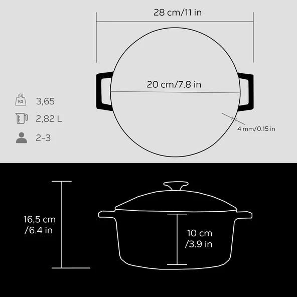 Lava Döküm Yuvarlak Tencere Cam kapaklı. Glaze Çap(Ø)20cm.  Siyah - 5