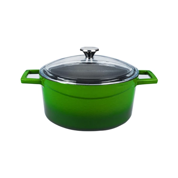 Lava Döküm Yuvarlak Tencere Cam kapaklı. Glaze Çap(Ø)24cm.  Yeşil