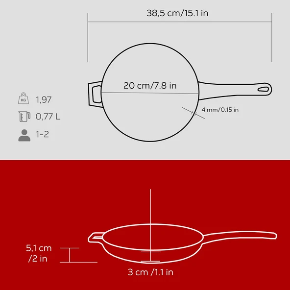 Lava Döküm Yuvarlak Kızartma Tavası Döküm Demir Yekpare Saplı  Çap(Ø)20cm.  Kırmızı - Resim 5