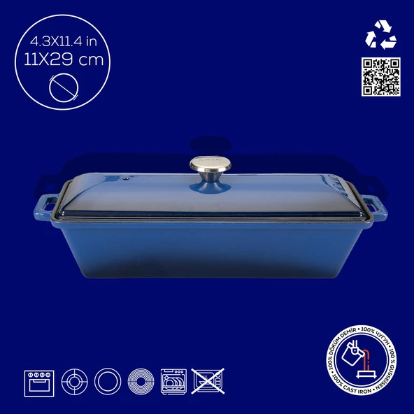 Lava Döküm Ekmek Tenceresi / Terrine Serisi. Ölçü 11x29cm.  Mavi - 4