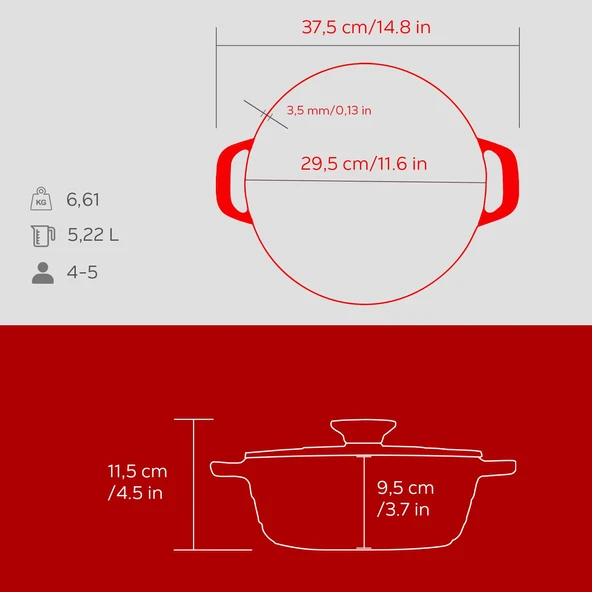 Lava Döküm Yuvarlak Tencere Döküm Demir Kapak Experience Serisi Çap(Ø)28cm  Kırmızı - Resim 5
