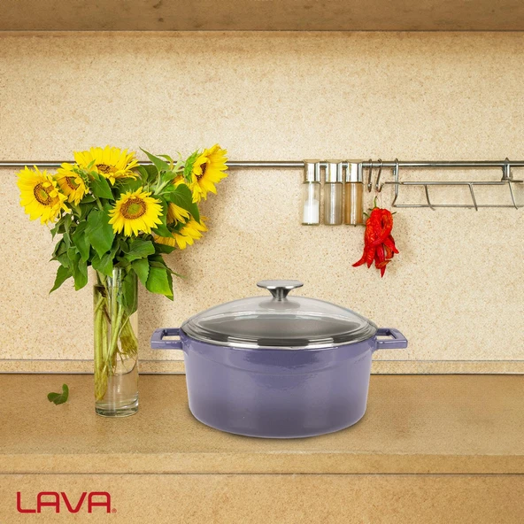 Lava Döküm Yuvarlak Tencere Cam kapaklı. Glaze Çap(Ø)24cm.  Mor - 7