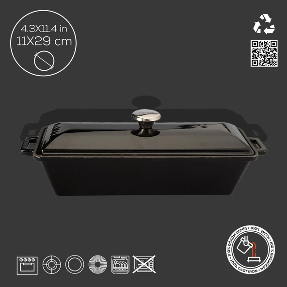 Lava Döküm Ekmek Tenceresi / Terrine Serisi. Ölçü 11x29cm.  Siyah - Resim 4