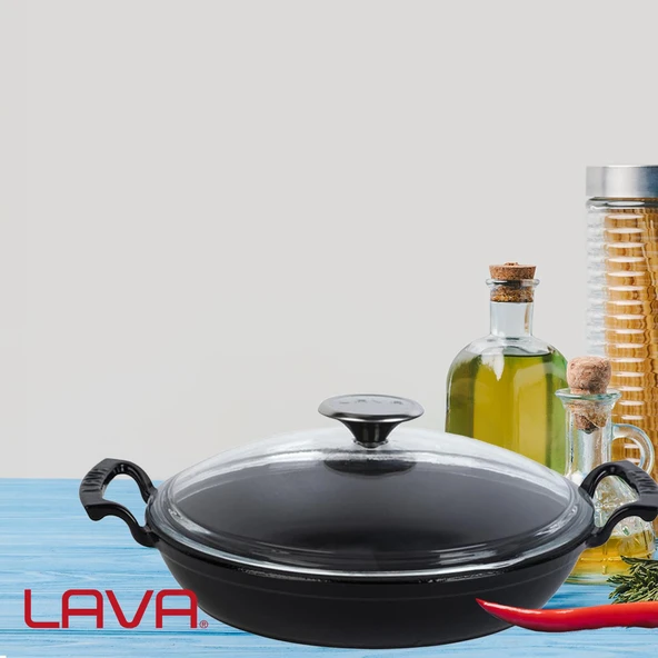 Lava Döküm Yuvarlak Sahan Cam Kapaklı Döküm Demir Yekpare Çift Kulplu Çap(Ø)24cm.  Siyah - Resim 7