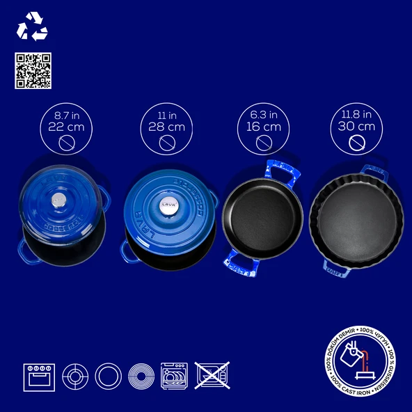 Lava Döküm 4X New Heritage Serisi Döküm Demir Tencere Tava Seti  Mavi - 3