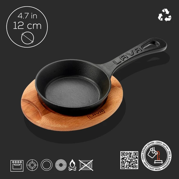 Lava Döküm Yuvarlak Kızartma Tavası Yekpare Saplı Kayın Servis Ahşabı. Çap(Ø)12cm. - Resim 4