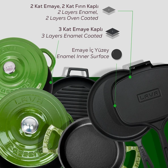 Lava Döküm 6x Trendy Serisi 9 Parça Tencere & Tava Seti Yeşil - 7