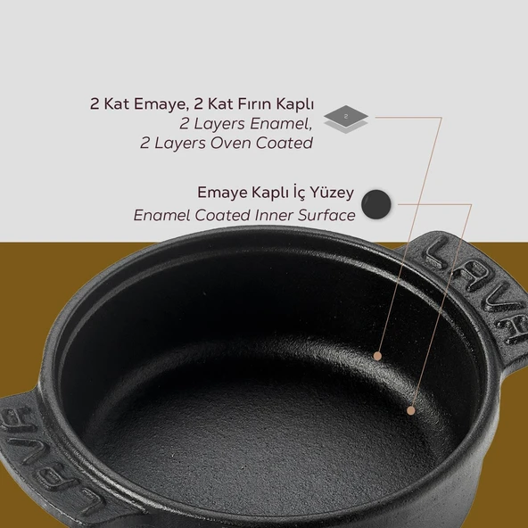 Lava Döküm Yuvarlak Güveç Kabı Döküm Demir Yekpare Çift Kulplu Çap(Ø)14cm. - 5