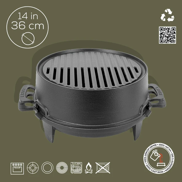 Lava Döküm Yuvarlak Mangal Izgara Set Döküm Demir Yekpare Çift Kulplu Çap (Ø)36cm. - 5