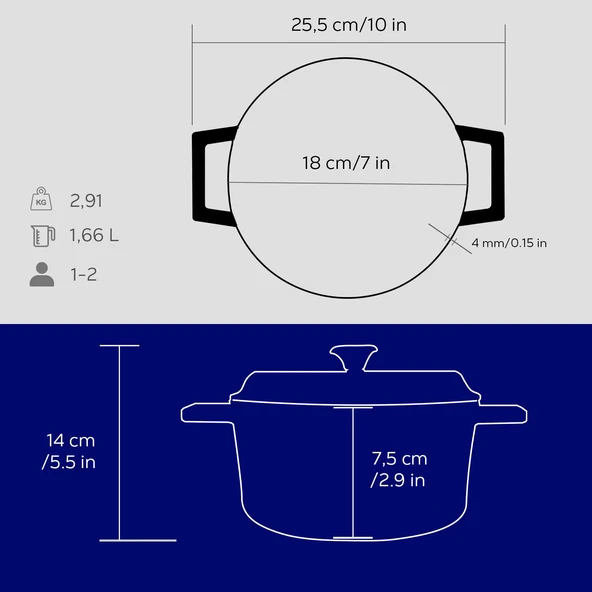 Lava Döküm Yuvarlak Tencere. Trendy Çap(Ø) 18cm.  Mavi - Resim 4