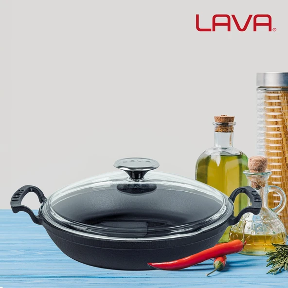 Lava Döküm Yuvarlak Sahan Cam Kapaklı Döküm Demir Yekpare Çift Kulplu Çap(Ø)24cm. - Resim 7