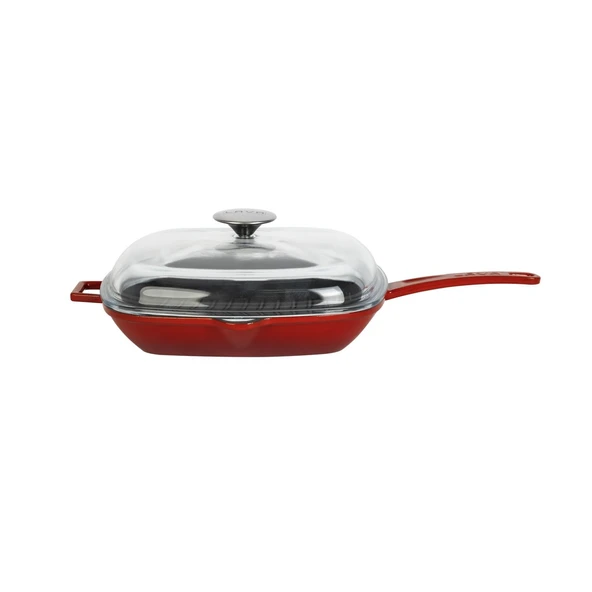 Lava Döküm Kare Izgara Tava Cam Kapaklı Döküm Demir Yekpare Saplı Ölçü 26x26cm.  Kırmızı